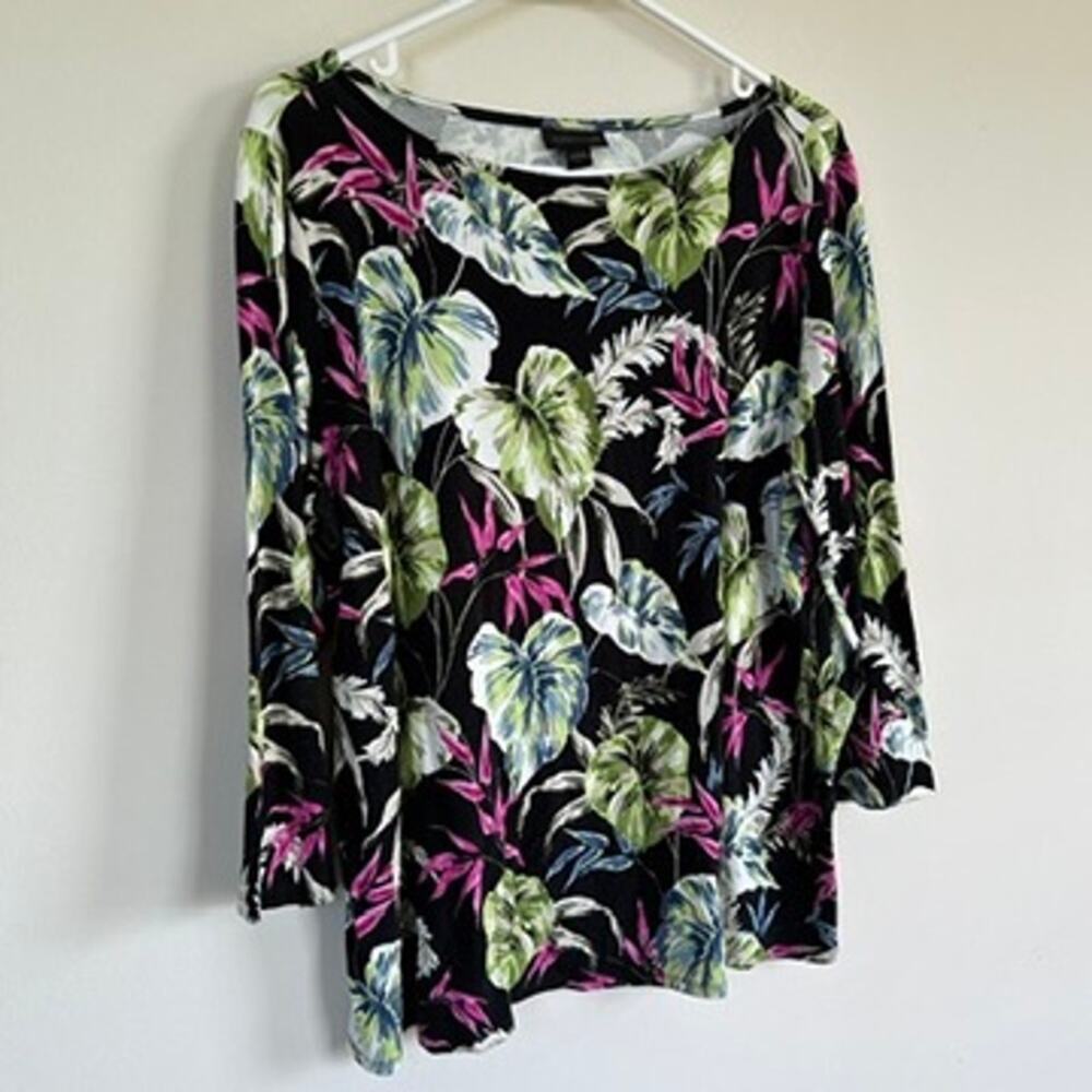 J. Jill Wearever Boat Neck Top 3/4 Sleeve Floral Tropical Leaf Print Black LARGE - Picture 5 of 10